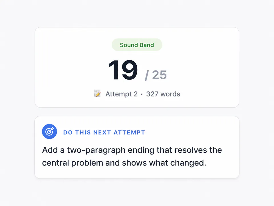 Exam Writing Coach feedback showing a score, performance band, and focused next step