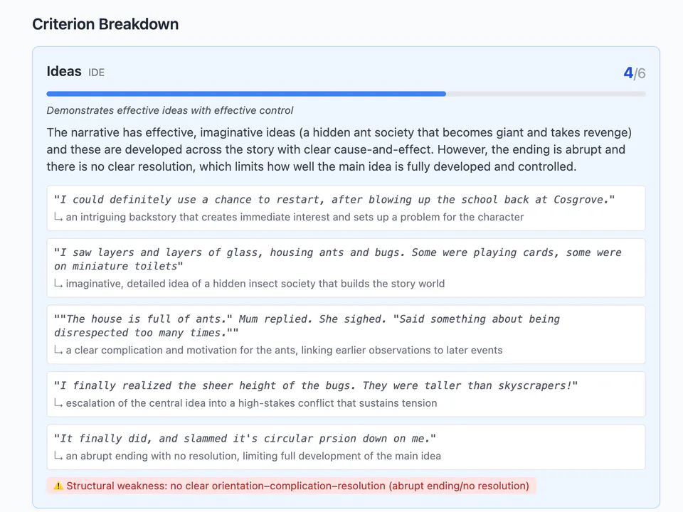 Criterion feedback with a score, explanation, and evidence highlighted from the writing