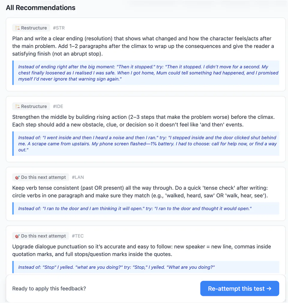 Four prioritised writing recommendations covering structure, ideas, language, and dialogue punctuation, followed by a re-attempt action
