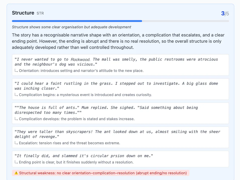 Structure criterion feedback showing a score, explanation, annotated evidence, and a structural weakness to address